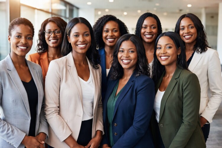 Group of happy Black female treasurers in suits